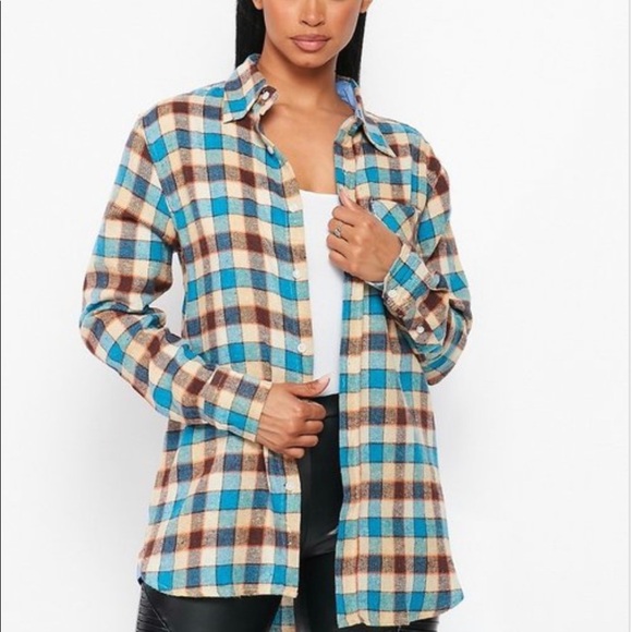 NEW FALL UNISEX TRENDY BLUE MULTI PLAID FLANNEL LONG SLEEVE BUTTON UP SHIRT - Picture 3 of 8